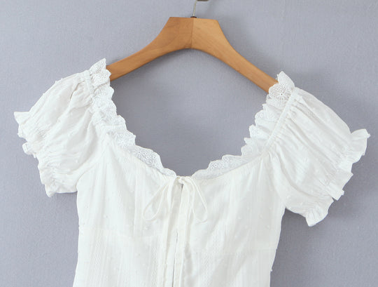 Summer French Sweet Spicy First Love White Lace Collar Back Elastic Jacquard Wave Point Puff Sleeve Small Top