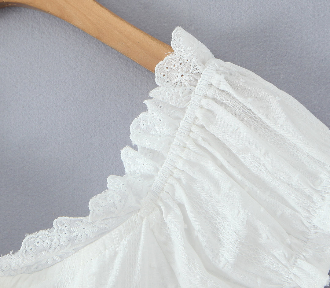 Summer French Sweet Spicy First Love White Lace Collar Back Elastic Jacquard Wave Point Puff Sleeve Small Top