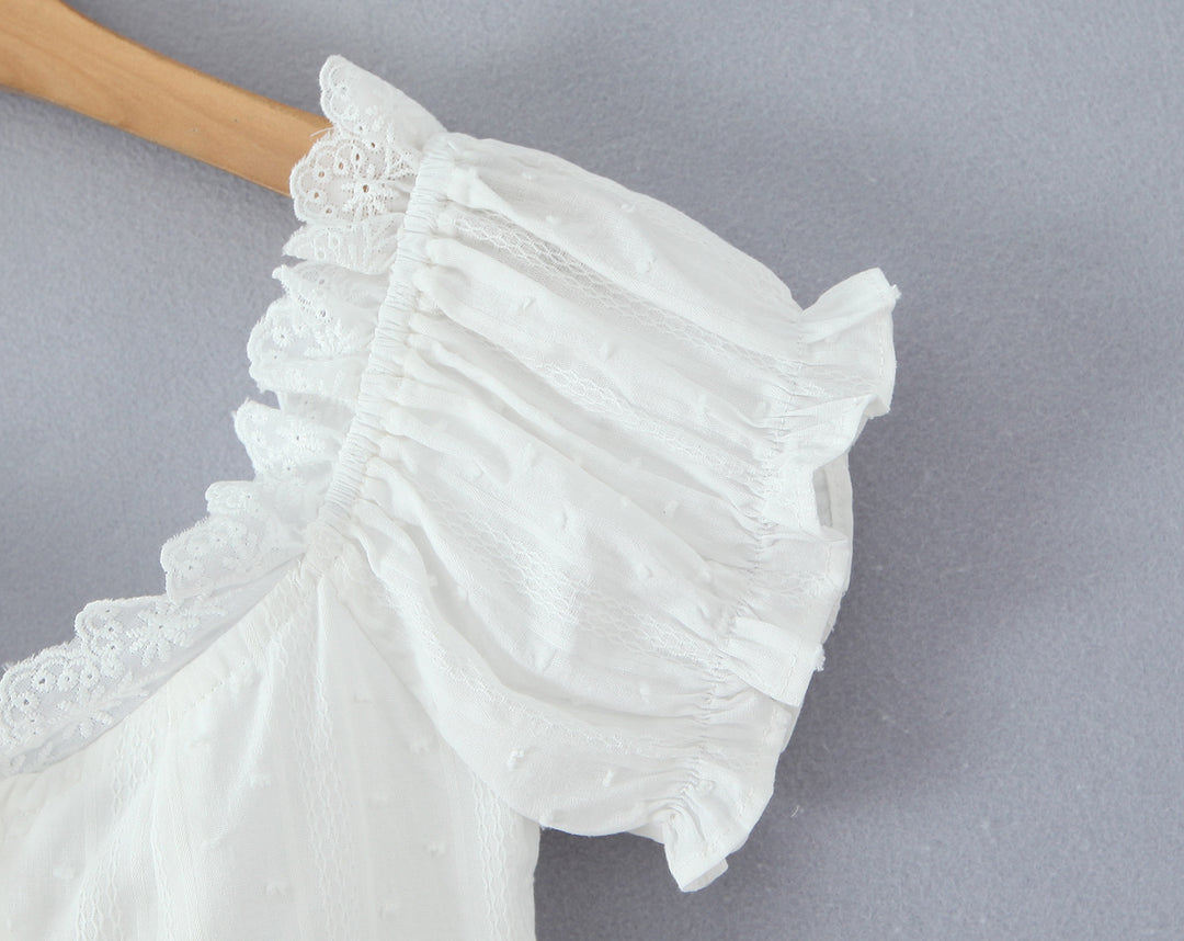 Summer French Sweet Spicy First Love White Lace Collar Back Elastic Jacquard Wave Point Puff Sleeve Small Top