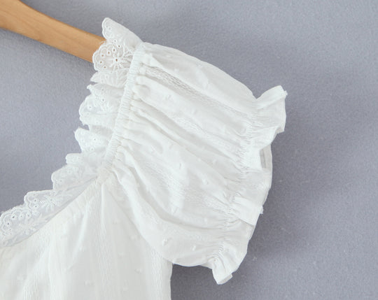 Summer French Sweet Spicy First Love White Lace Collar Back Elastic Jacquard Wave Point Puff Sleeve Small Top