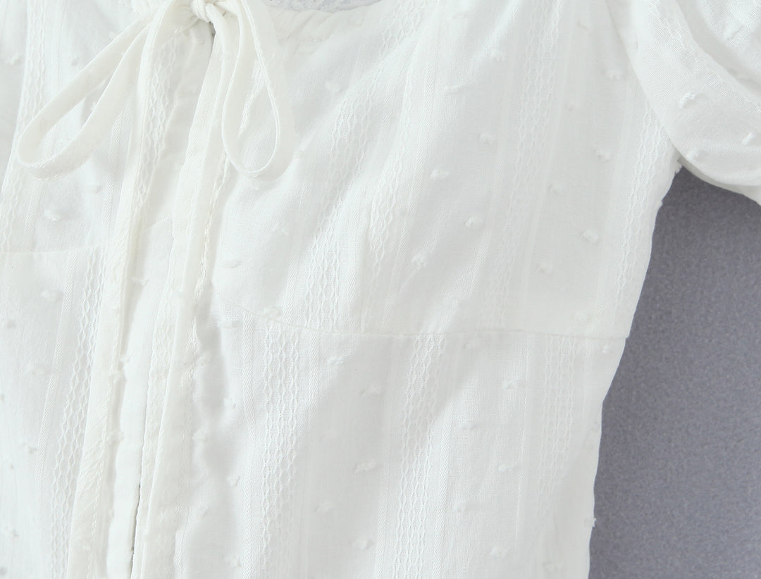 Summer French Sweet Spicy First Love White Lace Collar Back Elastic Jacquard Wave Point Puff Sleeve Small Top