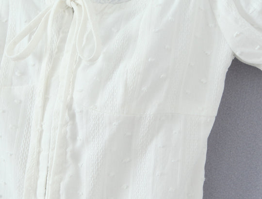 Summer French Sweet Spicy First Love White Lace Collar Back Elastic Jacquard Wave Point Puff Sleeve Small Top