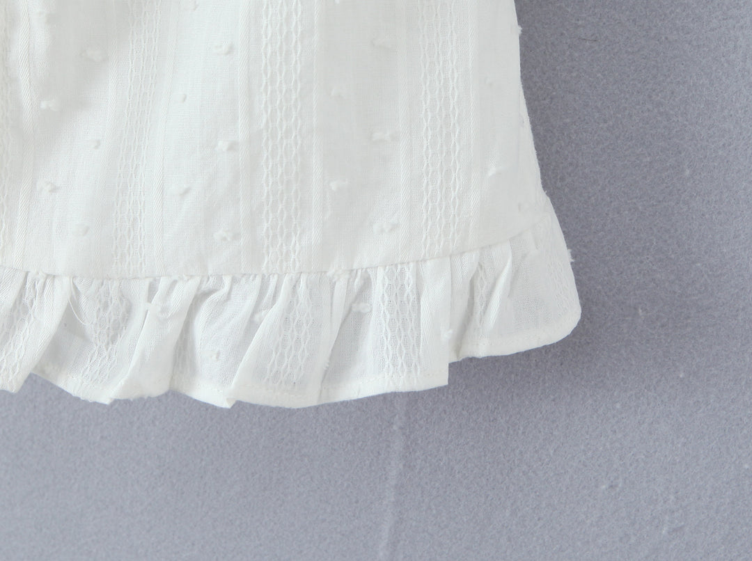 Summer French Sweet Spicy First Love White Lace Collar Back Elastic Jacquard Wave Point Puff Sleeve Small Top