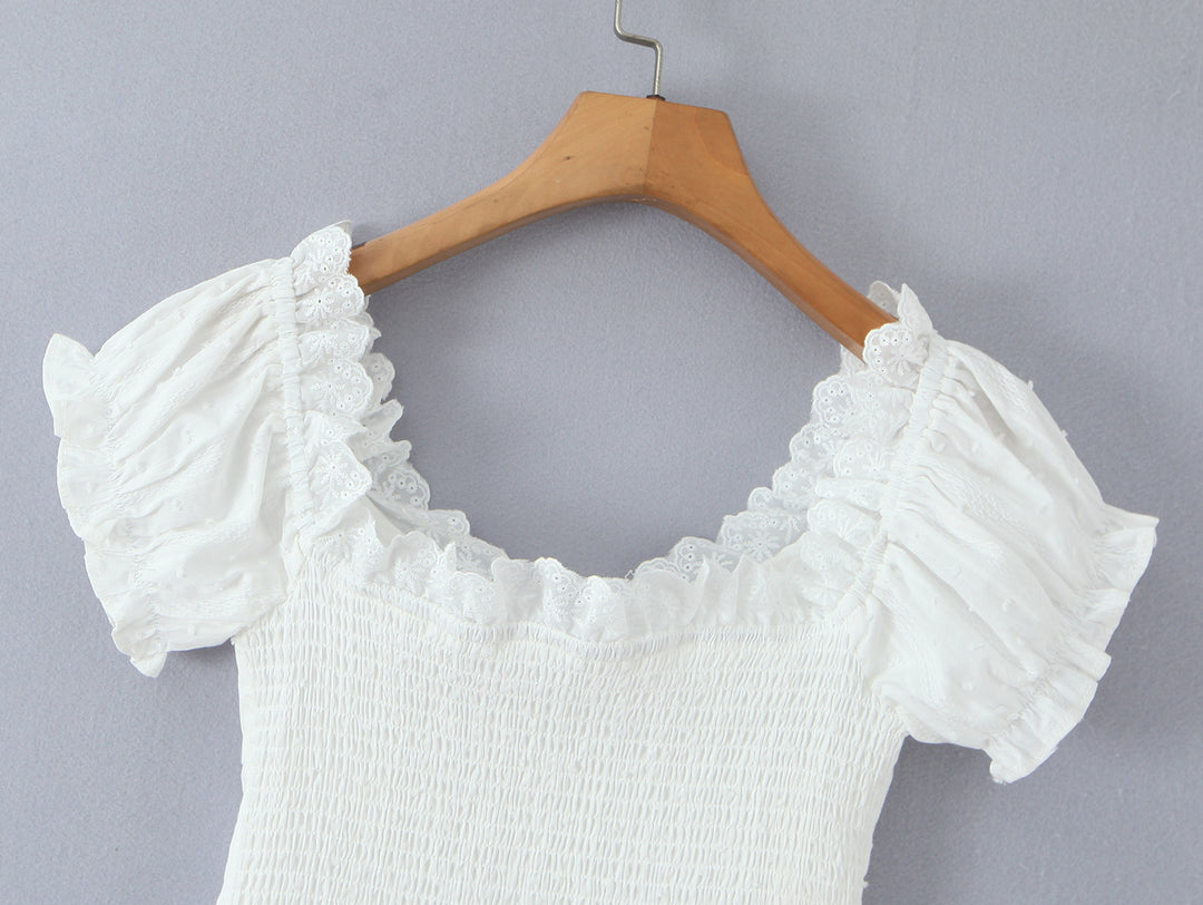 Summer French Sweet Spicy First Love White Lace Collar Back Elastic Jacquard Wave Point Puff Sleeve Small Top
