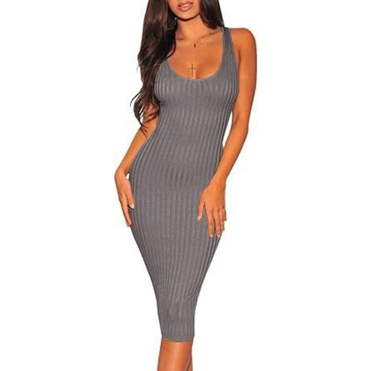 Bodycon Ribbed Scoop Neck Midi Dress - Gray** (**please see shipping policy)