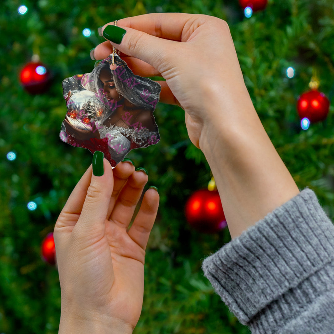 Elegant Holiday Ceramic Original AI Art Ornament - 3 Unique Shapes of A Woman Holding Snow Globe