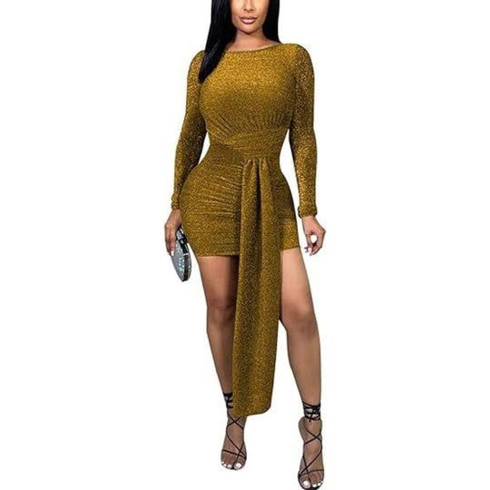 Ribbed Club Night Party Mini Sweater Dress - Gold