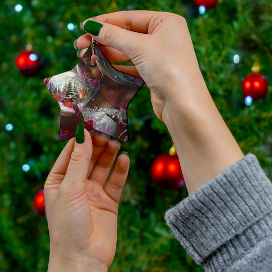 Elegant Holiday Ceramic Original AI Art Ornament - 3 Unique Shapes of A Woman Holding Snow Globe