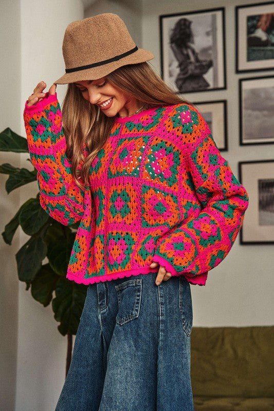 Bohemian Crochet Patchwork Pullover Sweater Top-Slay Eclectic