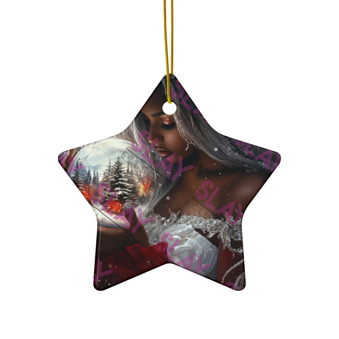 Elegant Holiday Ceramic Original AI Art Ornament - 3 Unique Shapes of A Woman Holding Snow Globe