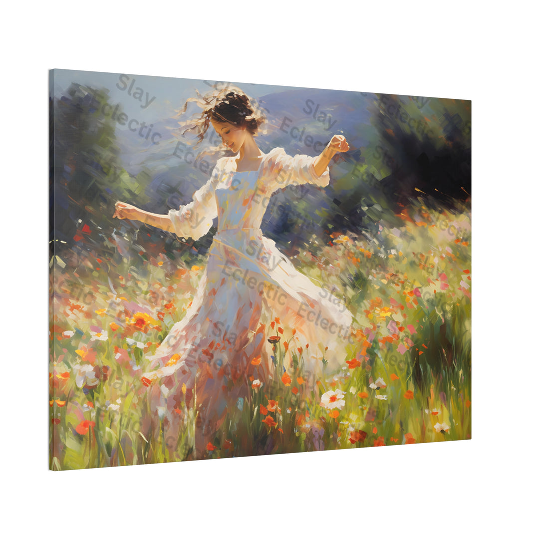 Canvas Print - Whimsical Monet Style Floral with Dreamy Dancing Girl in Field AI