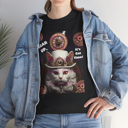 Steampunk Cat Unisex Heavy Cotton Tee - Gear Up, It's Cat Time!, Steampunk T-Shirt, Graphic Tee, Birthday Gift for Cat Lovers, Cat Lovers T-Shirt-Slay Eclectic