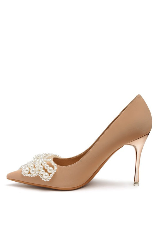 Pearl Flower Metallic Pointed High Heeled Pumps