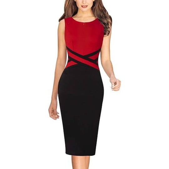 Front Zipper Up Office Party Bodycon Pencil Sheath Dress - Red