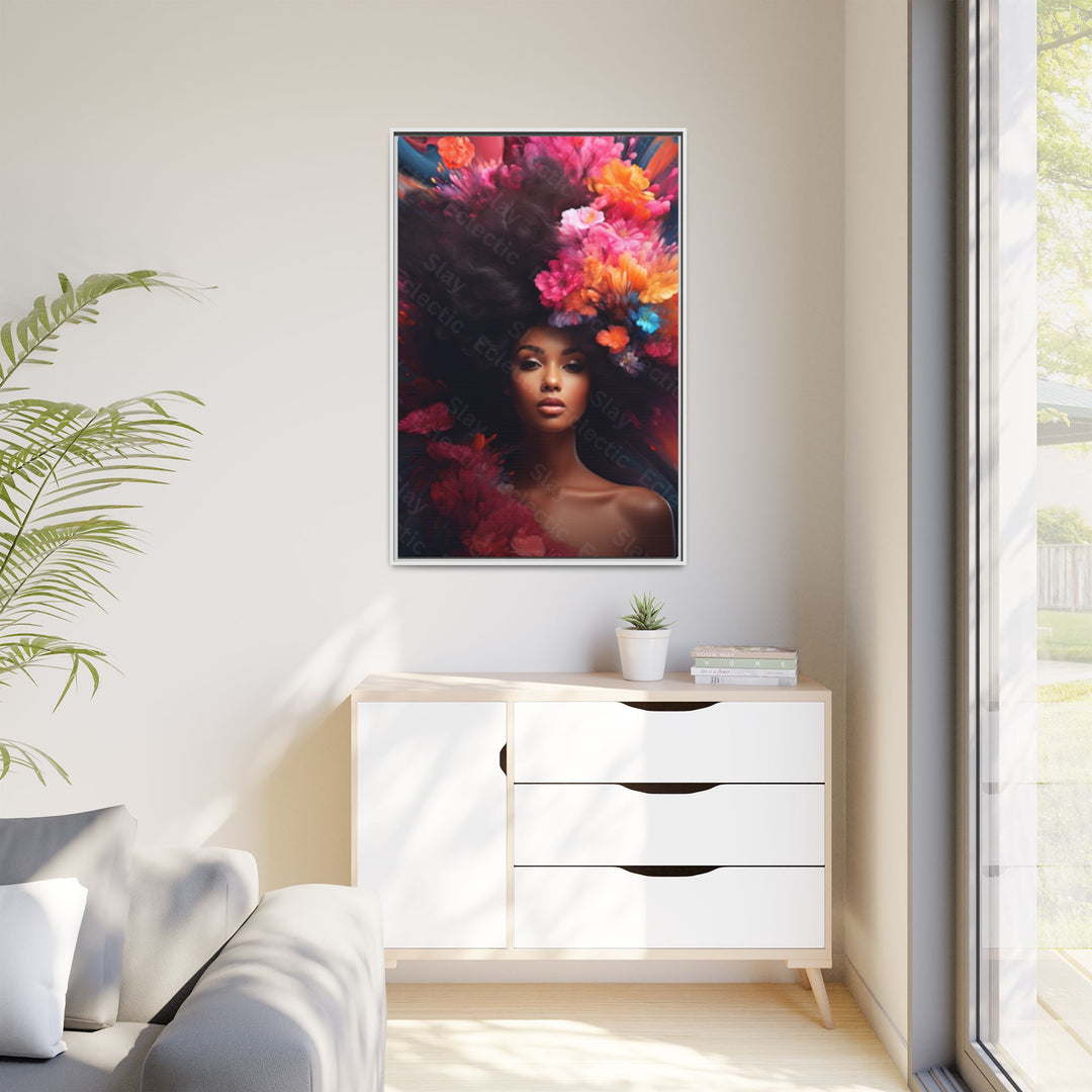 Vibrant Floral Matte Canvas Wall Art Framed Portrait of Beauty AI Art