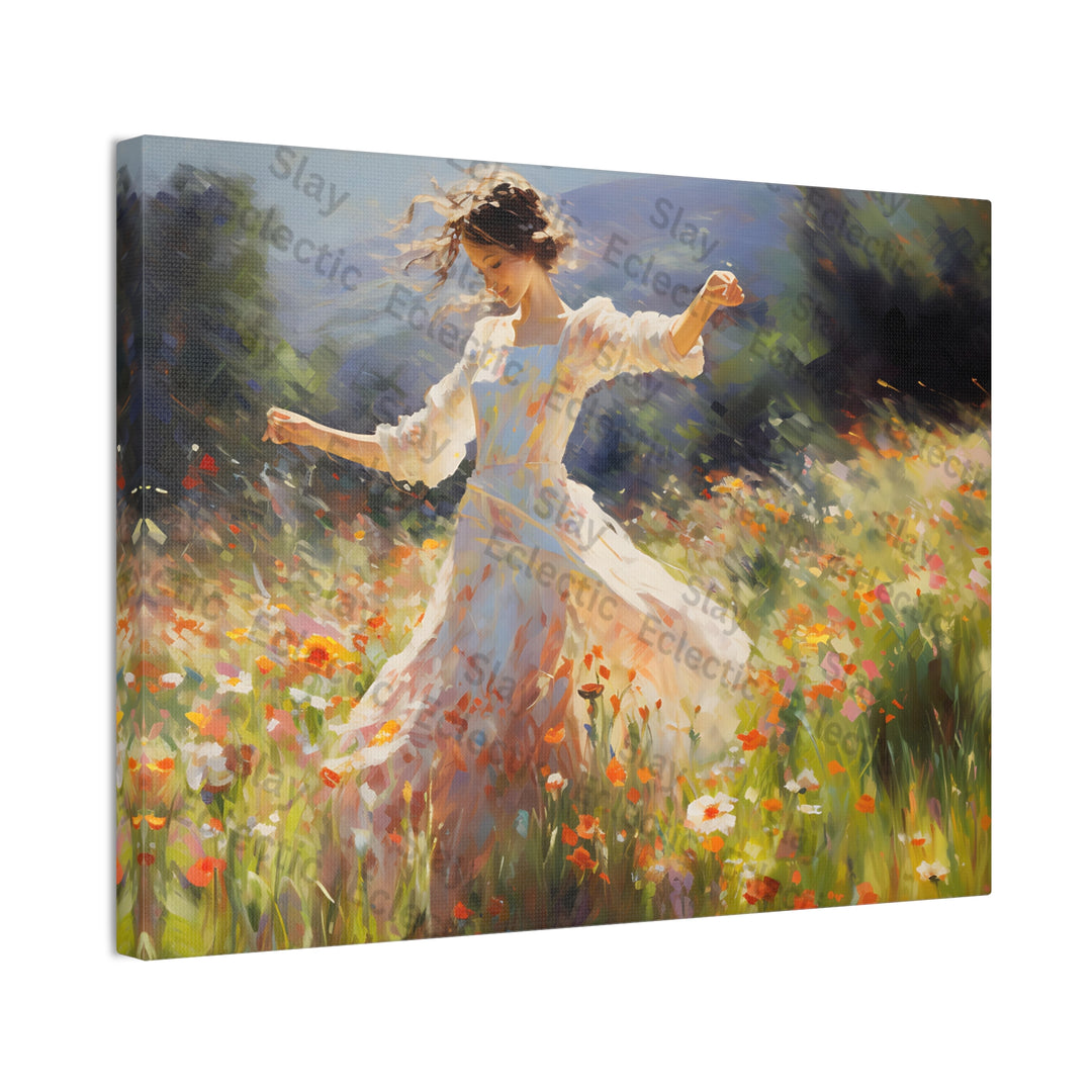 Canvas Print - Whimsical Monet Style Floral with Dreamy Dancing Girl in Field AI