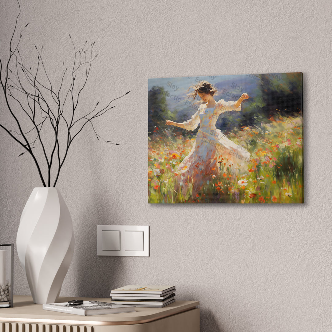 Canvas Print - Whimsical Monet Style Floral with Dreamy Dancing Girl in Field AI