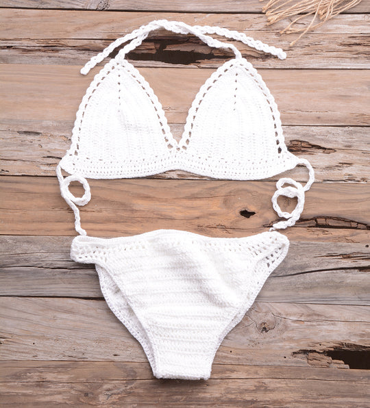 Beach Matching Split Bikini Hollow Out Cutout Hand Crocheting Woven Solid Color Swimsuit Set