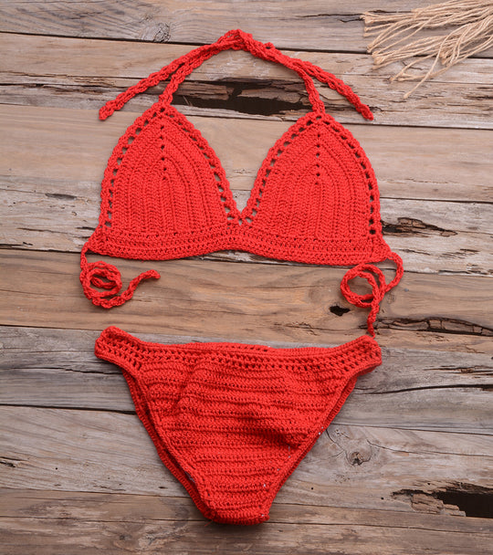 Beach Matching Split Bikini Hollow Out Cutout Hand Crocheting Woven Solid Color Swimsuit Set