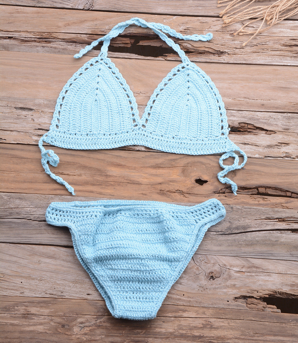 Beach Matching Split Bikini Hollow Out Cutout Hand Crocheting Woven Solid Color Swimsuit Set