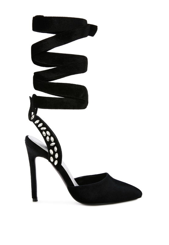 WALLIS Velvet Diamante Tie Up High Heeled Sandals