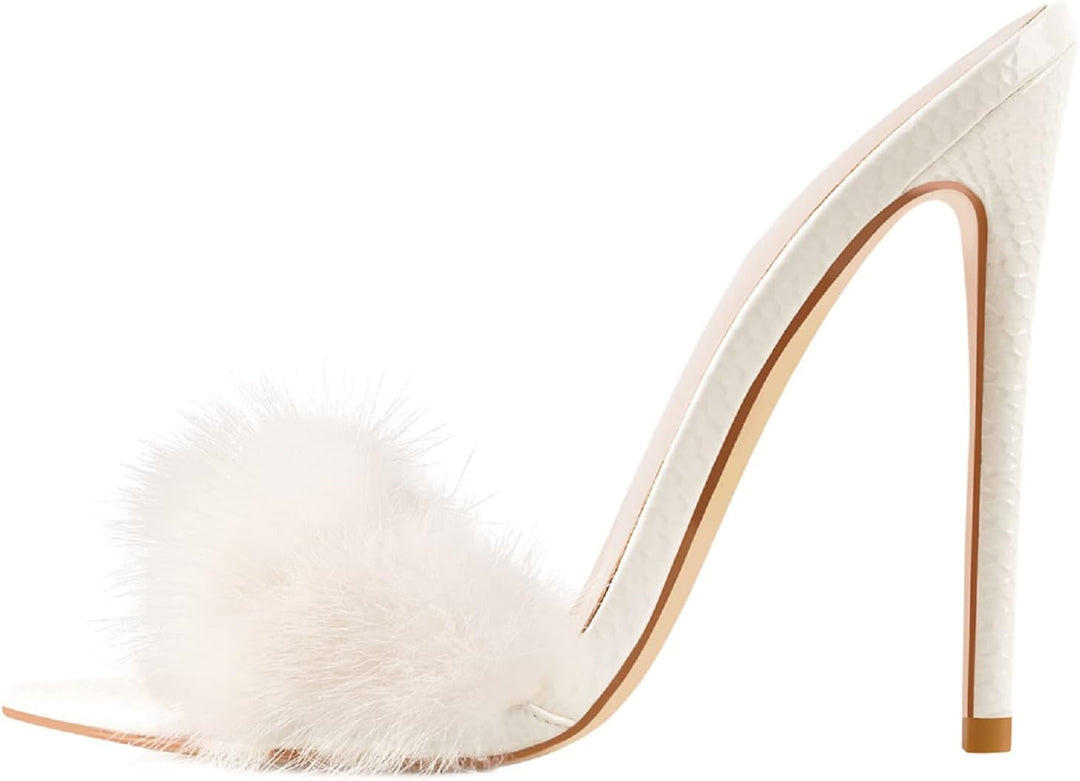 Women'S Fur Fuzzy Mules Slip on High Heels Sandals