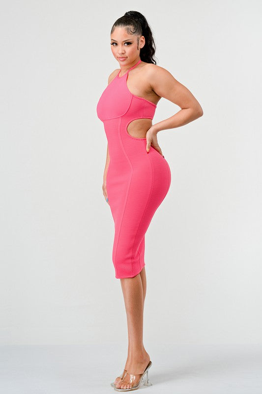 Halter Hollow Bandage Midi Dress - Pink