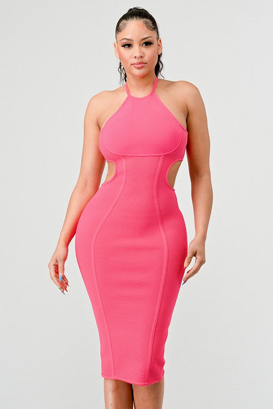 Halter Hollow Bandage Midi Dress - Pink