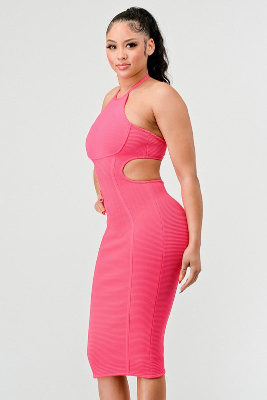 Halter Hollow Bandage Midi Dress - Pink