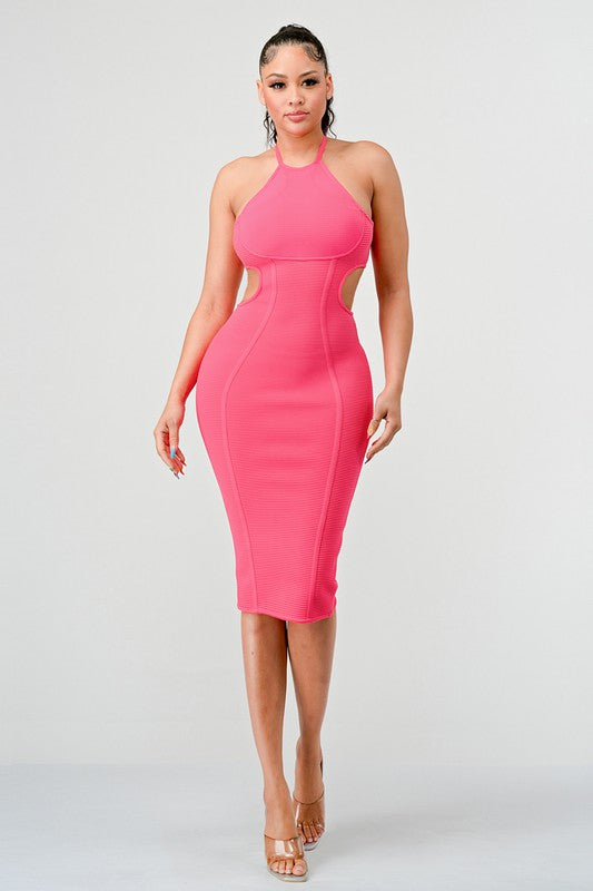 Halter Hollow Bandage Midi Dress - Pink