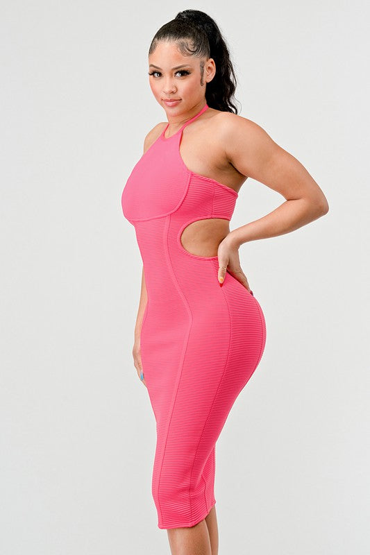 Halter Hollow Bandage Midi Dress - Pink