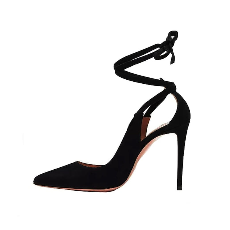 Women'S Black Velvet Stiletto Heels with Ankle Tie Strap - Sexy High Heels for Parties and Formal Events