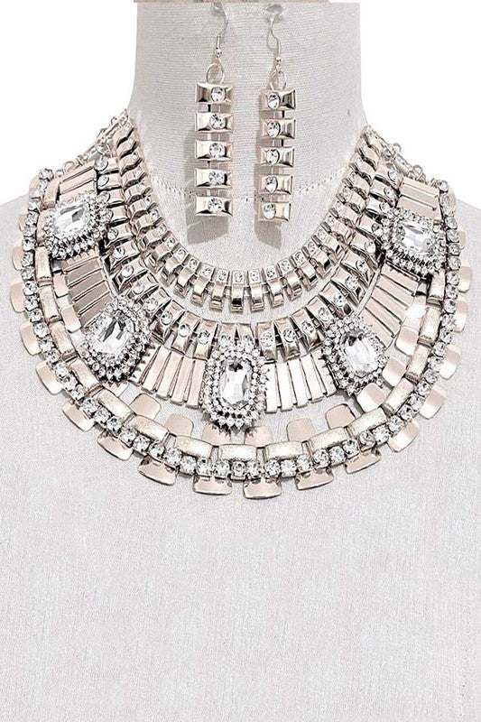 Glamorous Layered Metal Bib Necklace and Earring Set