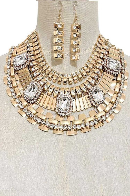 Glamorous Layered Metal Bib Necklace and Earring Set