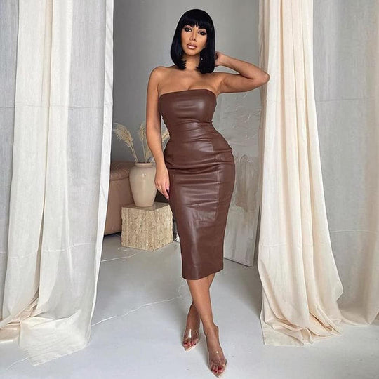 Sleek Faux Leather Off-Shoulder Bodycon Midi Dress for Night Out-Slay Eclectic