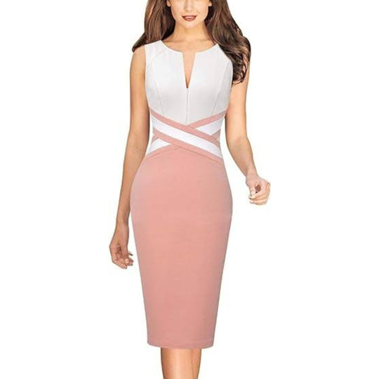 Front Zipper Up Office Party Bodycon Pencil Sheath Dress - Pink