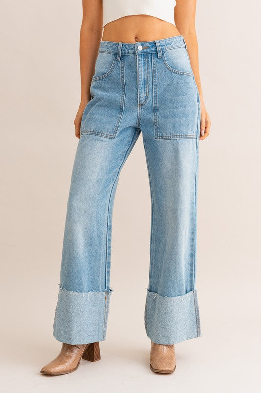 High-Waisted Wide Leg Cuffed Jeans-Slay Eclectic