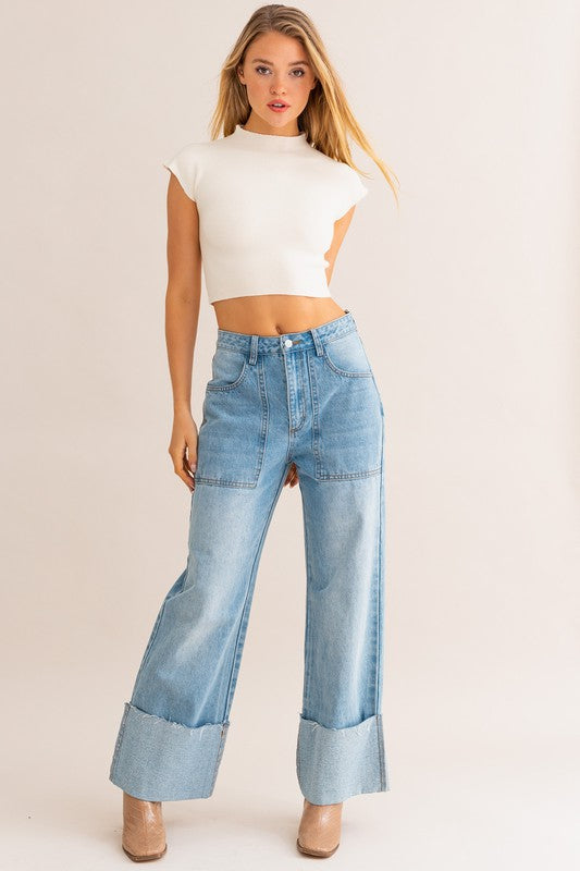 High-Waisted Wide Leg Cuffed Jeans-Slay Eclectic