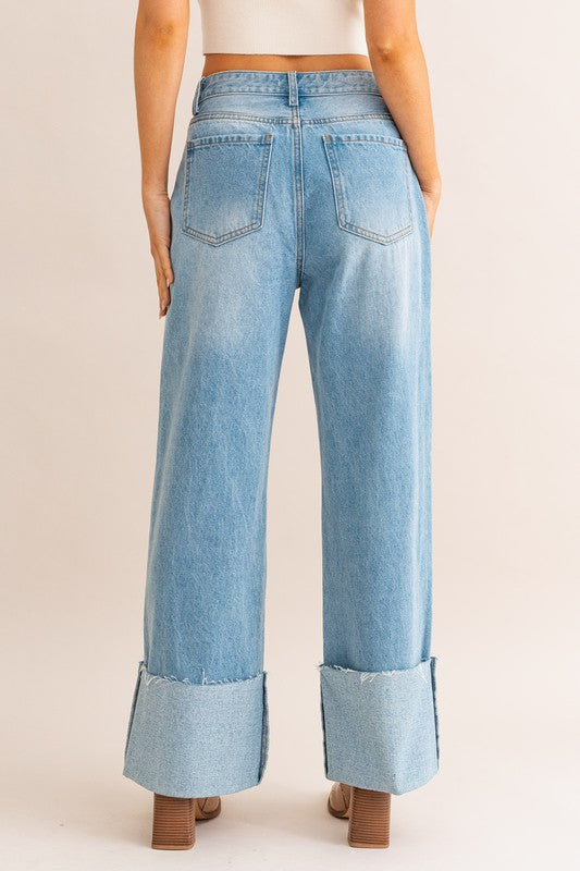 High-Waisted Wide Leg Cuffed Jeans-Slay Eclectic