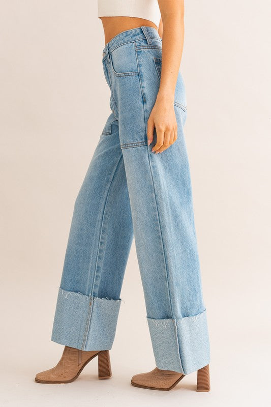 High-Waisted Wide Leg Cuffed Jeans-Slay Eclectic