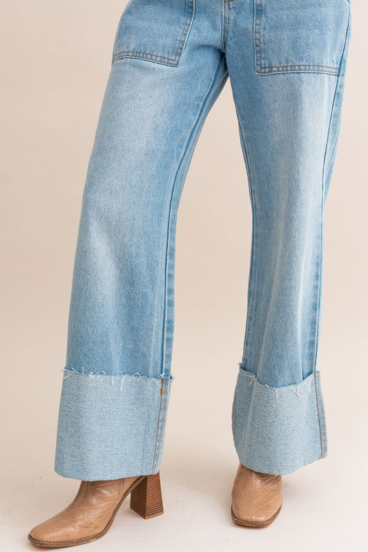 High-Waisted Wide Leg Cuffed Jeans-Slay Eclectic