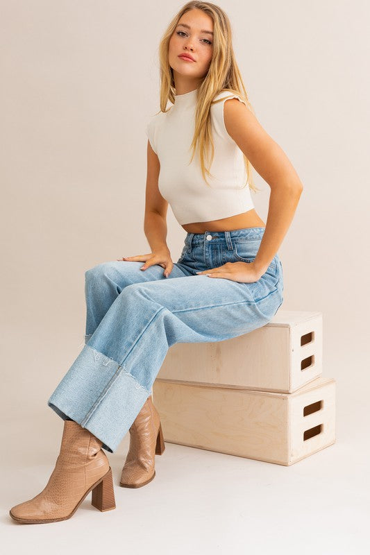 High-Waisted Wide Leg Cuffed Jeans-Slay Eclectic