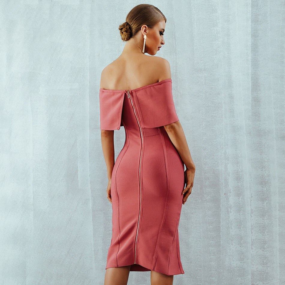 Slash Neck Bodycon Midi Dress - Pink