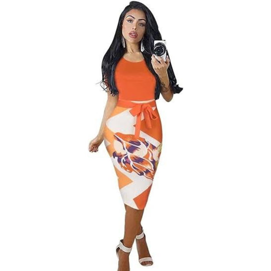 Floral Prints Pencil Dress Midi with Belt - Orange