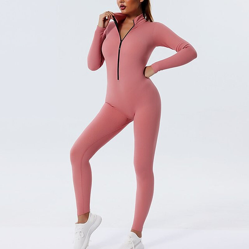 Women'S Onesie Workout Sets Winter Front Zip Solid Color Bodysuit Black Pink Spandex Yoga Fitness Gym Workout Tummy Control Butt Lift Breathable Sport Activewear Stretchy