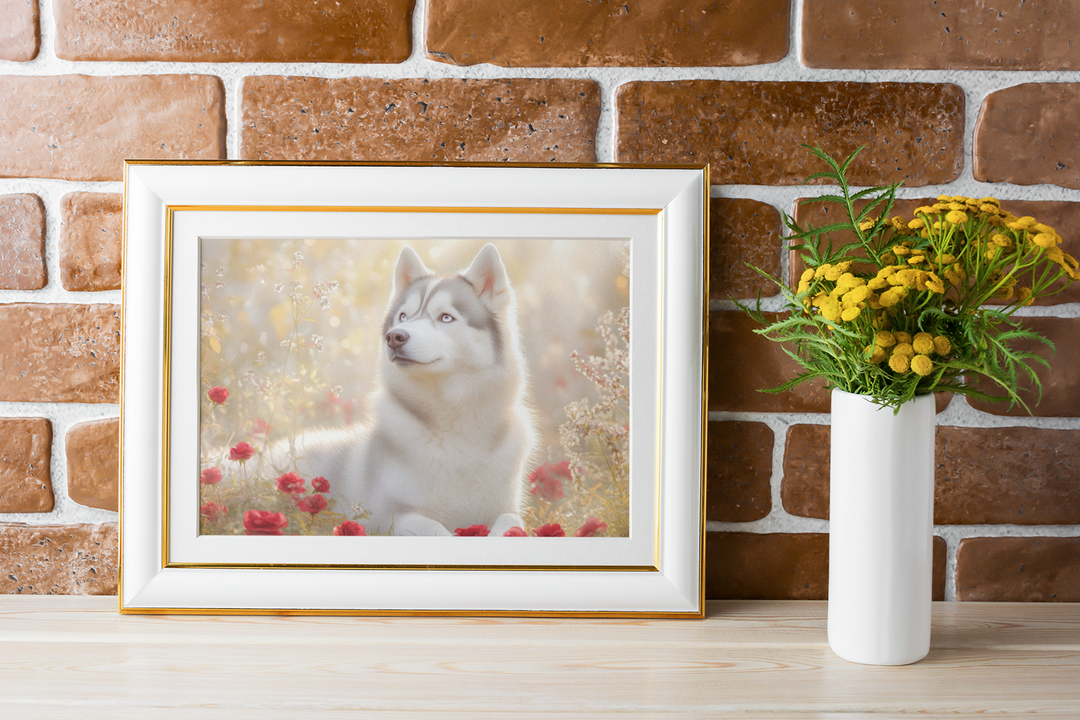 Beautiful Siberian Husky in Field with Roses AI Art