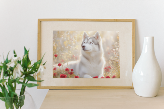 Beautiful Siberian Husky in Field with Roses AI Art