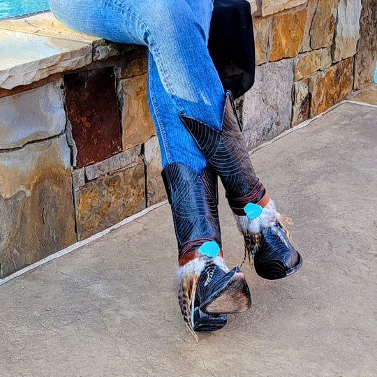 Boho Western Boot Wrap Cuff w/ Feathers & Turquoise 500f-4