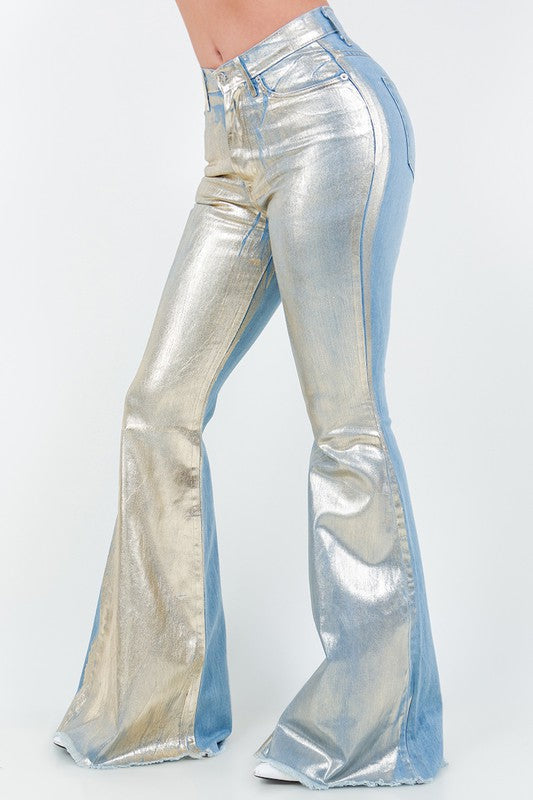 Glamorous Gold Foil Bell Bottom Jeans-Slay Eclectic