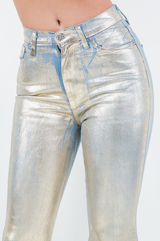 Glamorous Gold Foil Bell Bottom Jeans-Slay Eclectic